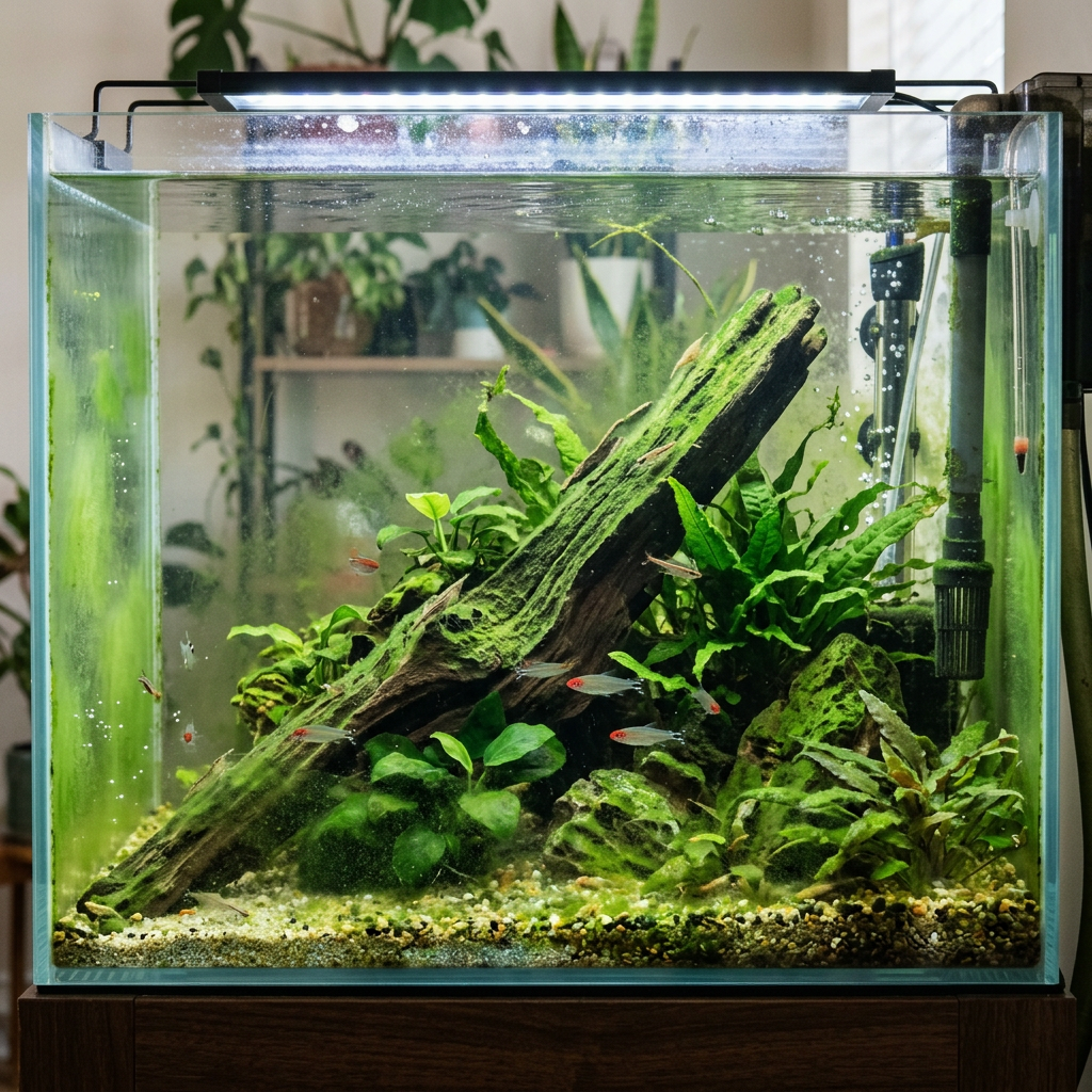 Freshwater aquarium with green plants, driftwood, and small red and blue fish swimming